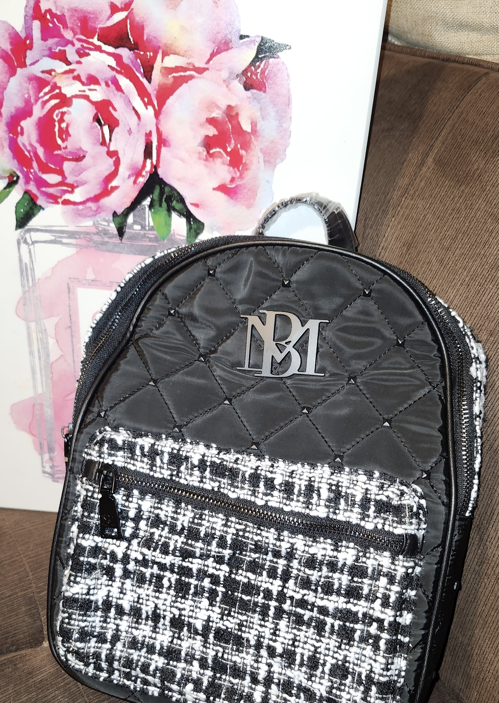 Badgley Mischka Black And White Tweed/Quilted Backpack